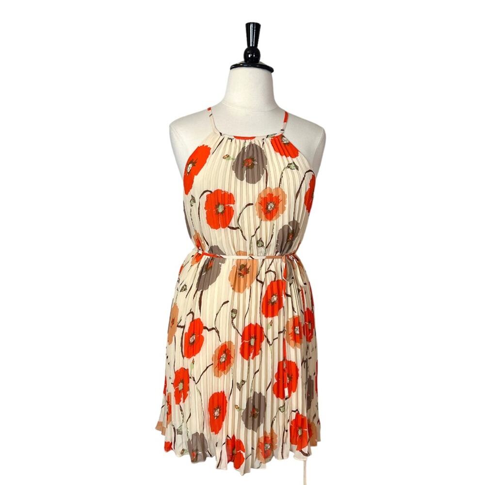 Ellames NEW Dress Pleated Shift Halter Neck Cream Orange Floral Women’s 2XL Plus